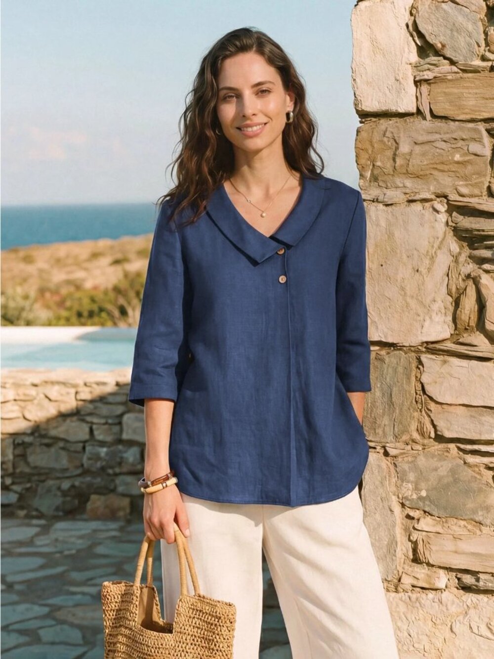 New  LINTICO Linen OTTILIE 100% Linen Inverted pleat top navy blue M